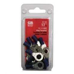 Gardner Bender Ring Terminal, 16-14AWG, 12-1/4 Stud, Blue; 17pcs/Clam, 10Clams/Master
